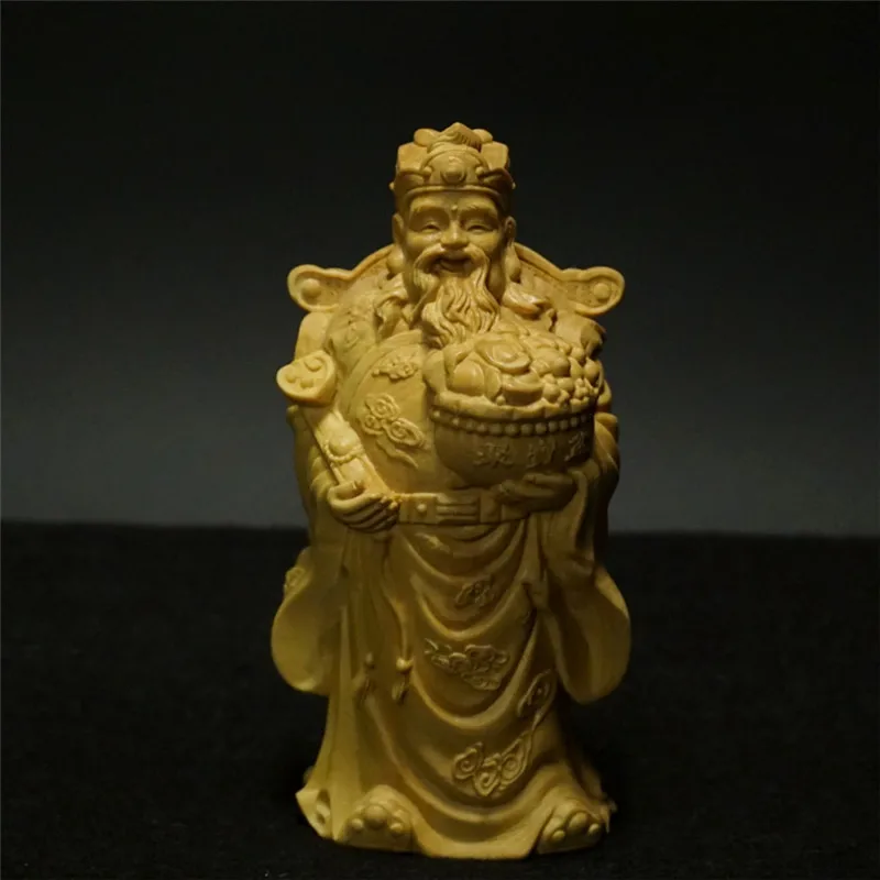 

12cm Wood God Of Wealth Fortune Star buddha statue Gold bowl sculpture wooden statue Decoration crafts Pray wealth Gift Figure