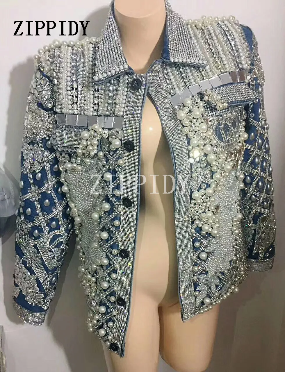 Fashion Bling Rhinestones Pearls font b Women b font Jeans font b Jacket b font Nightclub