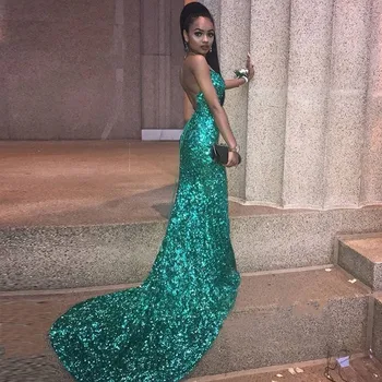 

2019 New Elegant Green Sequins Off Shoulder Sexy Backless Mermaid Evening dress Long robe de soiree