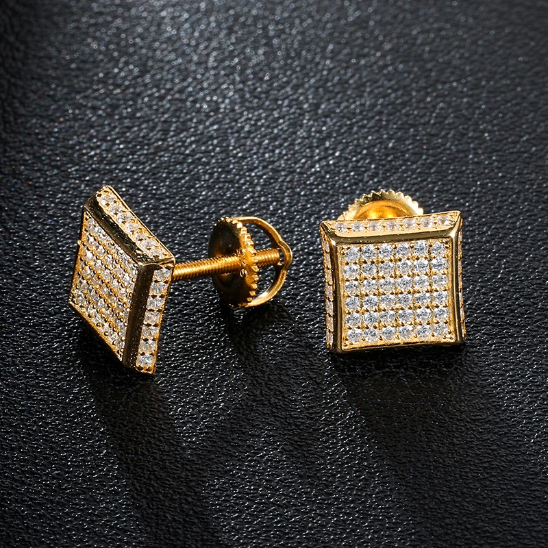 

CZ Zircon Square Bling Iced Out Micro Full Paved Rhinestone Stud Earring Gold Copper Earrings For Men Hip HOP Jewelry