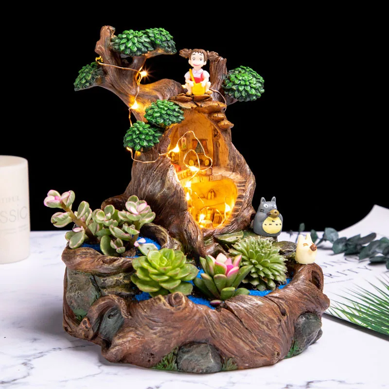 

Crafts Resin Flower Pots Creative Micro Landscape Succulents Tree House Flower Pots with Lights Home Decoration Dropshipping