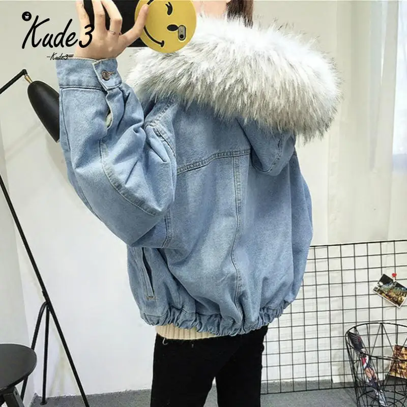 

KUDE Velvet Thick Denim Jacket Female Winter Fur Collar Kpop Locomotive Lamb Coat Plus Size Loose Outerwear Harajuku 7479