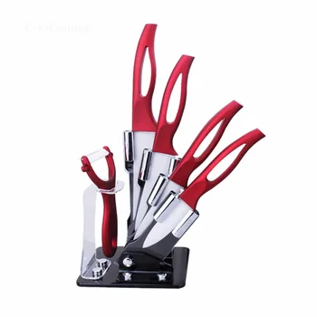 

TENBROMAN 3/4/5/6 Inch 6pcs Beautiful Red Kitchen Ceramic Knife Set With Hollow Handle Peeling tool and holder