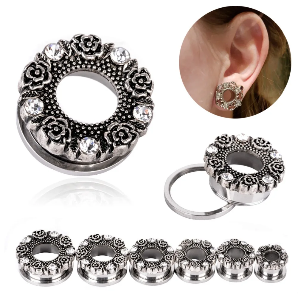 

2pcs Stainless Steel Screw Fit Roses Crystal Ear Plugs and Tunnels New Piercing Ear Gauges Tunnel Expander Stretcher Earlet