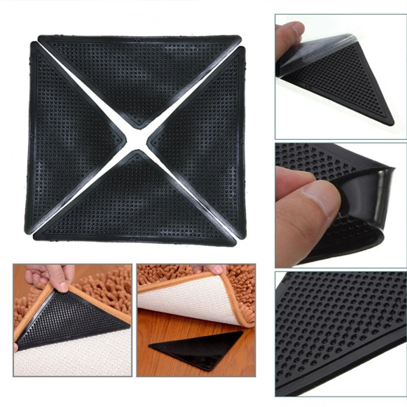 

4Pcs Home Floor Rug Carpet Mat Grippers Self-adhesive Anti Slip Tri Sticker Reusable Washable Silicone Grip Pads