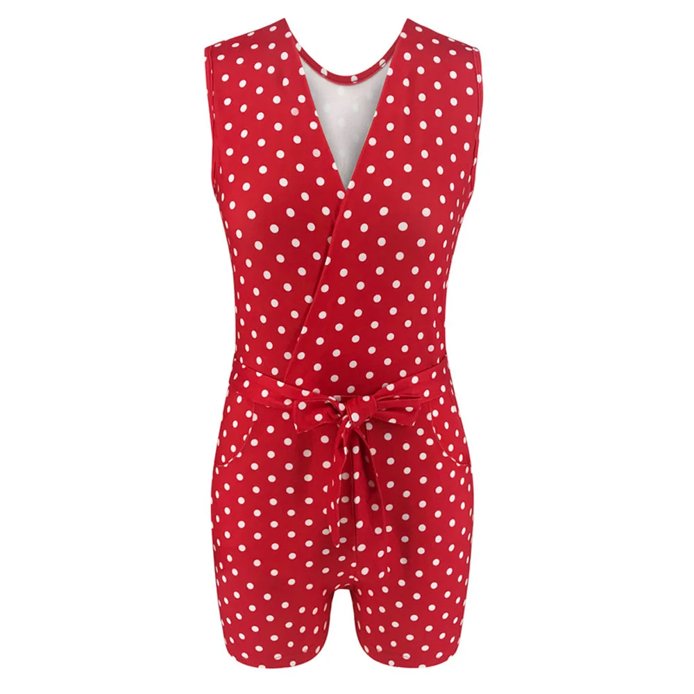 Vintage Jumpsuits Retro Ladies Summer Playsuit Polka Dots Printed Rompers Lace Up Short Women Jumpsuit