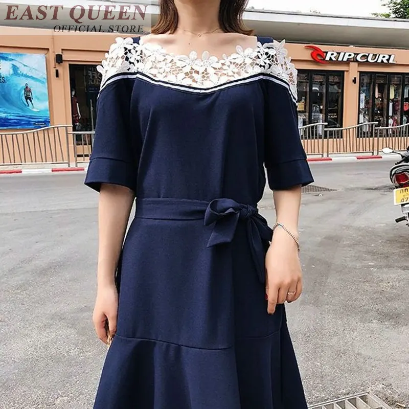 Cold shoulder midi dress with belt lace tuinc korean streetwear lace