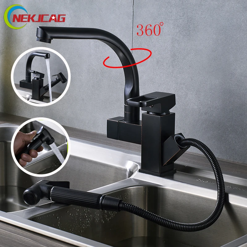 

Kitchen ORB Deck Mounted Faucet 360 rotation spout Double Spout with Pull out Faucet Hot and Cold Water Taps