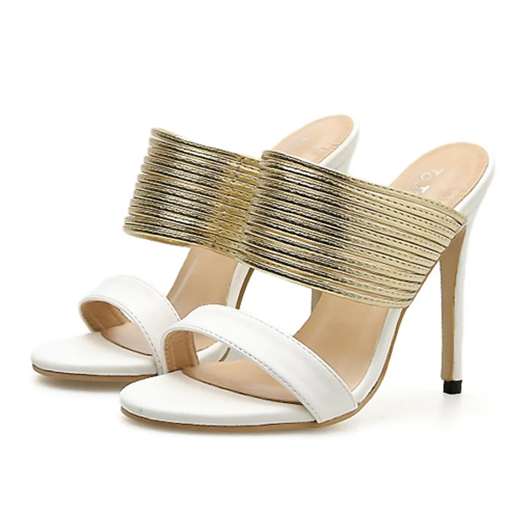 

Fashion Summer Shoes Sexy Stiletto Sandals Open Toe Slip On Mules Gold Narrow Band Outdoor Slippers Women High Heel Slides
