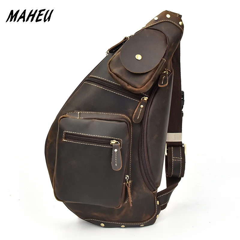 

Men's Casual Messenger Shoulder Bag High Quality Real Genuine Leather iPad Chest Bag Cross Body Chest Bag Large Capacity