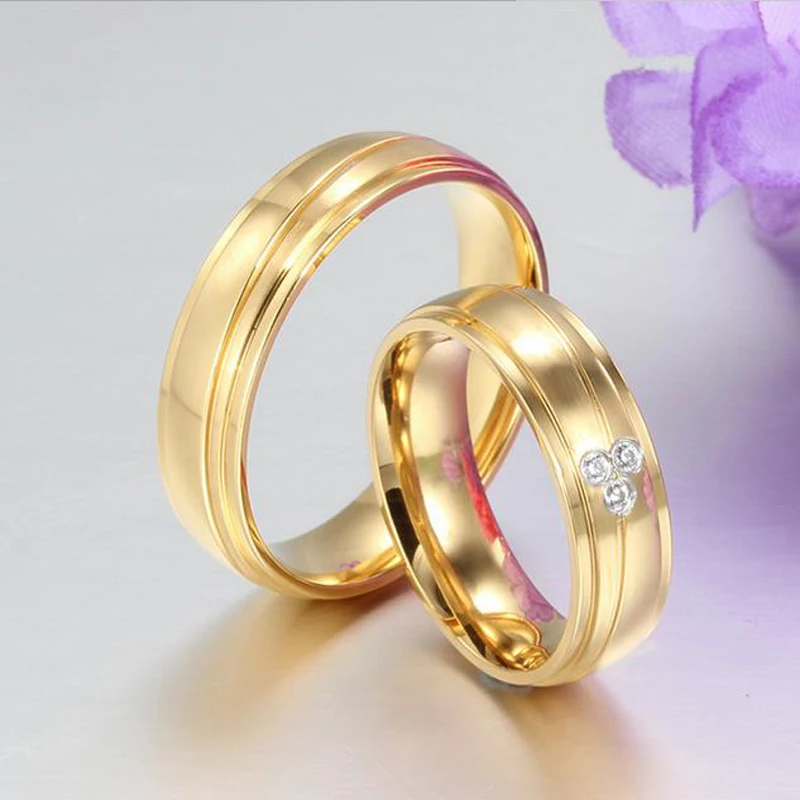 Новая мода цвет золотистый пара влюбленных кольца AAA CZ обручальное кольцо из нержавеющей стали для женщин и мужчин обручальные кольца