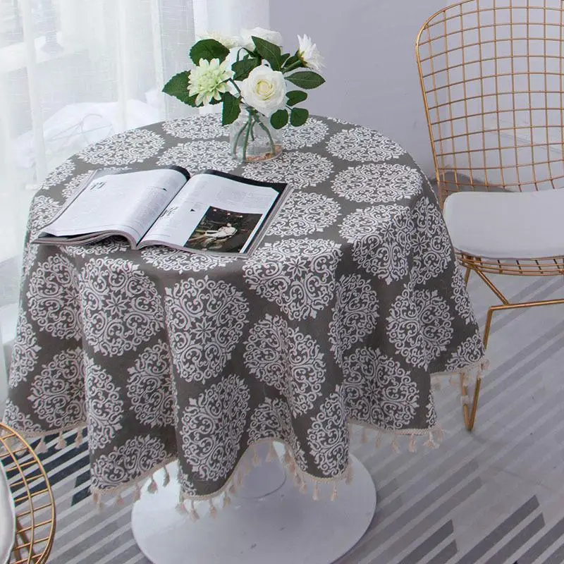 

Cotton And Linen Antifouling Tassels Table Cloth Circular Flower Shape Gray Color Weave Tablecloth Round Plain Tassel TableCloth