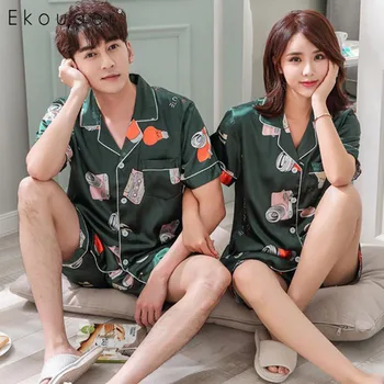 

Ekouaer Summer Shorts Pajamas Women Men Sleepwear Casual Turn-down Collar Short Sleeve Printed Pocket Couple Pajama Set