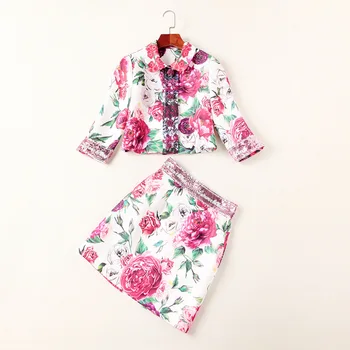 

European and American women's wear autumn 2018 The new 7 minutes of sleeve lapel Flower buttons coat + Sequined skirt suit