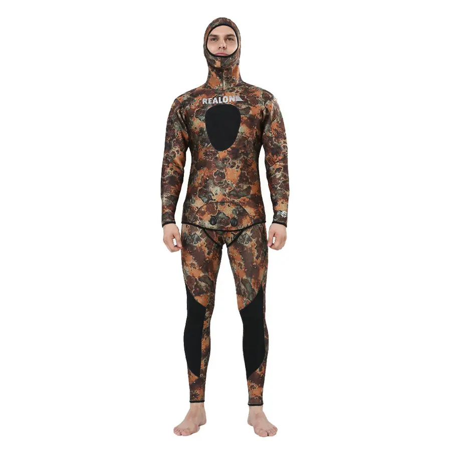

REALON Wetsuit 5mm Neoprene Camo Spearfishing Scuba Diving Suit for Men and Women Two-piece Jumpsuit for Fishing Fullsuit Hood