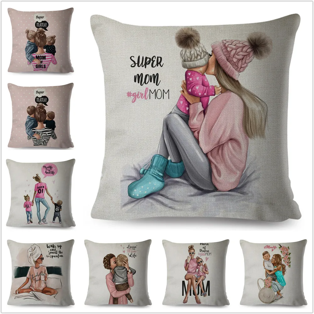 

Fashion Cute Cartoon Super Mama Cushion Cover Linen 45*45cm Decor Mom and Baby Pillow Case for Sofa Home Super Daddy Pillowcase