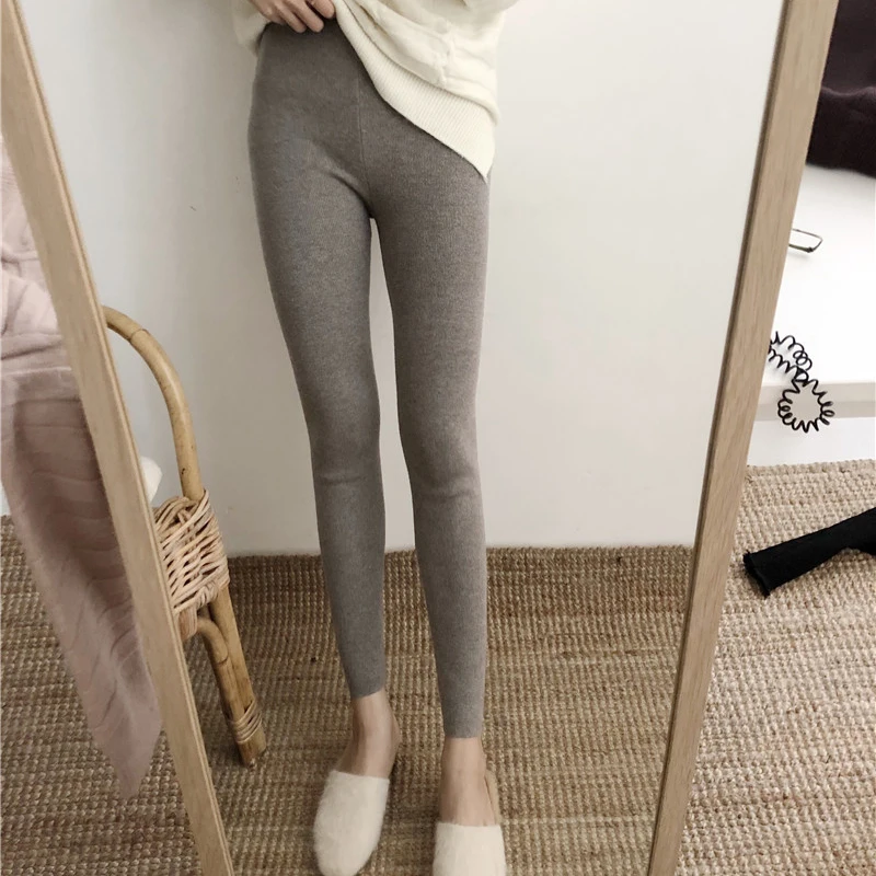 

BGTEEVER Female Knitted Pants Winter Solid Skinny Pantalones Women Stretched Legging Winter Trousers Ropa Deportiva Warm Leggins