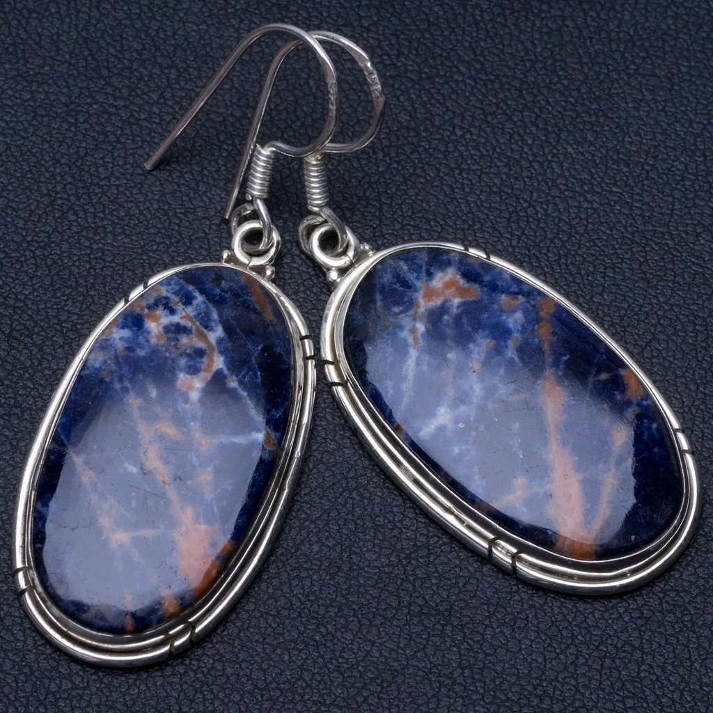 

Natural Navy Sodalite Unique Punk Style 925 Sterling Silver Earrings 2" P2341