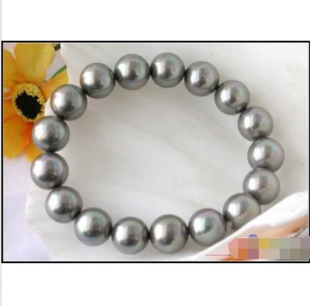 

STRETCH 8" 12MM GRAY ROUND SOUTH SEA SHELL PEARL BRACELET BANGLE@^Noble style Natural Fine jewe FREE SHIPPING