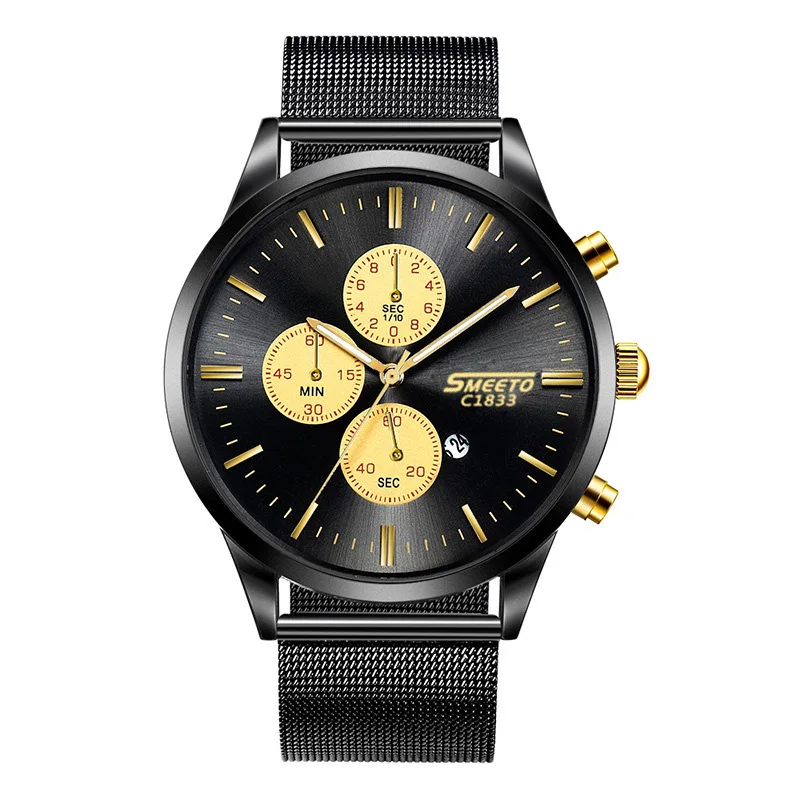 

Men'S Watch Fashion Luxury Multi-Function Waterproof Calendar Quartz Watch Men'S Three Eye Mesh Belt Business Watch