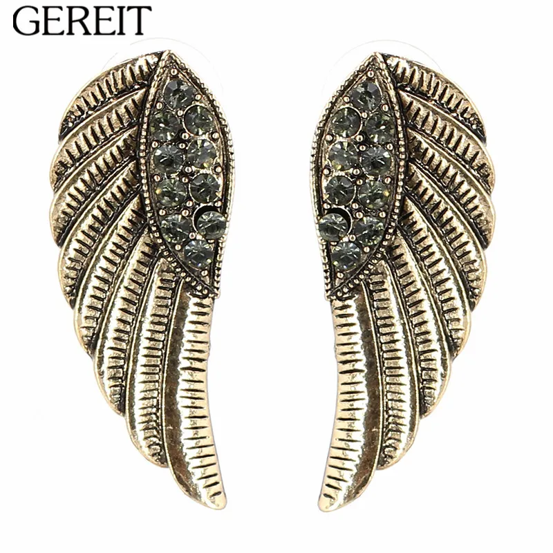 

GEREIT Luxury Angel Wings Vintage Gold Silver Earrings Rose Filled Glowing Austrian Crystal Stud Earrings For Women Punk Jewelry