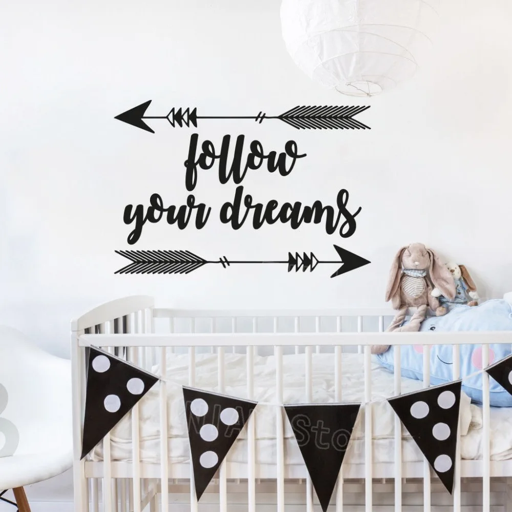 FOLLOW YOUR DREAMS ARROW Wall Decal Words Lettering Bedroom Sticky Quote Decor