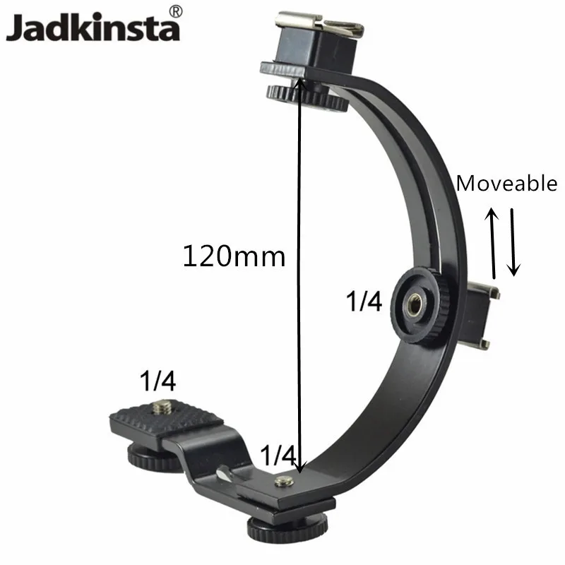 

Jadkinsta Adjustable Photography C Shape Camera Flash Bracket Two Hotshoe Mounts Flash Holder 1/4 Tripod Head Holders