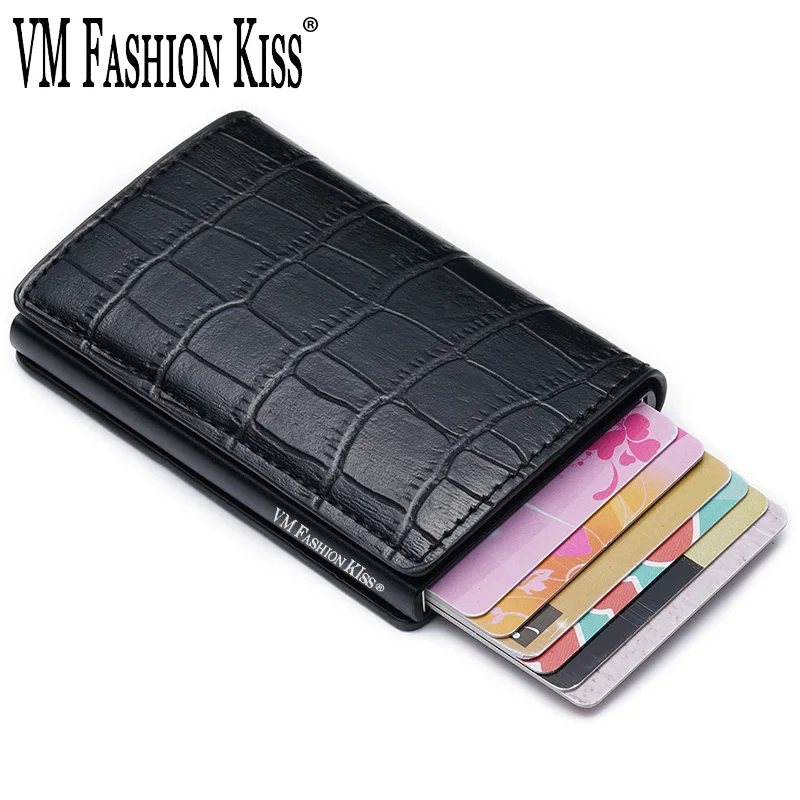 

VM FASHION KISS Crocodile Pattern Metal Push credit Card holder Wallet Rfid Business Slim Minimalist Wallet Blocking Men Wallets