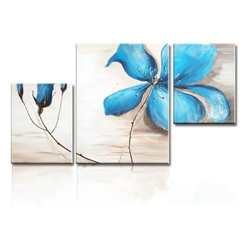 

Handmade 3 Panel Blue Floral Pictures Modern Home Decor Wall Art Large Canvas Painting Handpainted Abstract Flower Oil Paintings