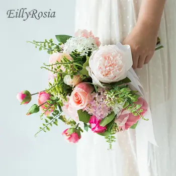 

Wedding Flowers for Bridesmaid Bouquet Pink Roses Green Leaf Artificial Flowers Sale Handmade Bride Bouquet Brooch ramo de novia