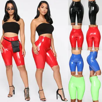

Sexy Women Fashion Elasticity Stretchy PU Leather Wet Look Shiny High Waist Solid Skinny Shorts Bodycon Party Club Shorts