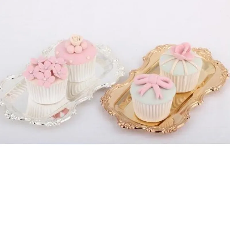 Silber Gold Gericht Platten Kuchen Tablett Geschnitzte Rand Hochzeit Декор десертный лоток Edelstahl Gerichte|Лотки для