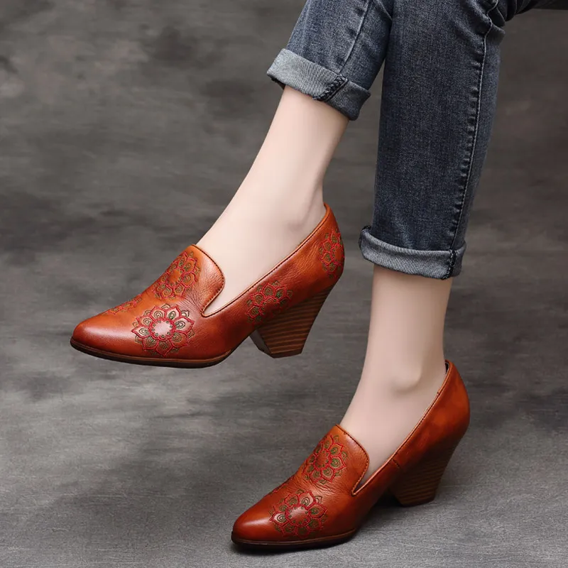 

Women Leather Pumps Chunky 6 CM High Heel Spring Shoes Lady Embroidery Pump Pointed Toe Handmade Genuine Leather Women Pump 2019