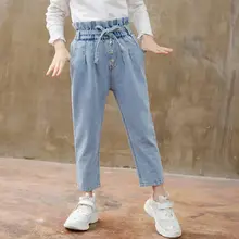 Korean Baby Girls Jeans Pants Flower High Waist Toddler Girl Jeans with Belt for Kids Girls Casual Denim Trousers For 4- 13 Year high waist jeans with belt