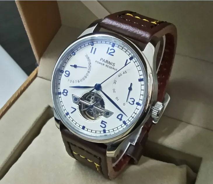 

43MM PARNIS ST2505 Automatic Self-Wind movement white dial power reserve men's watch Mechanical watches PA12-8A