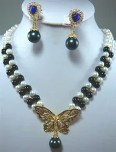 Натуральные высококачественные милые ювелирные изделия слово Fine 2 ряда белый черный жемчуг ожерелье с камнем серьги набор драгоценные камни свадьба