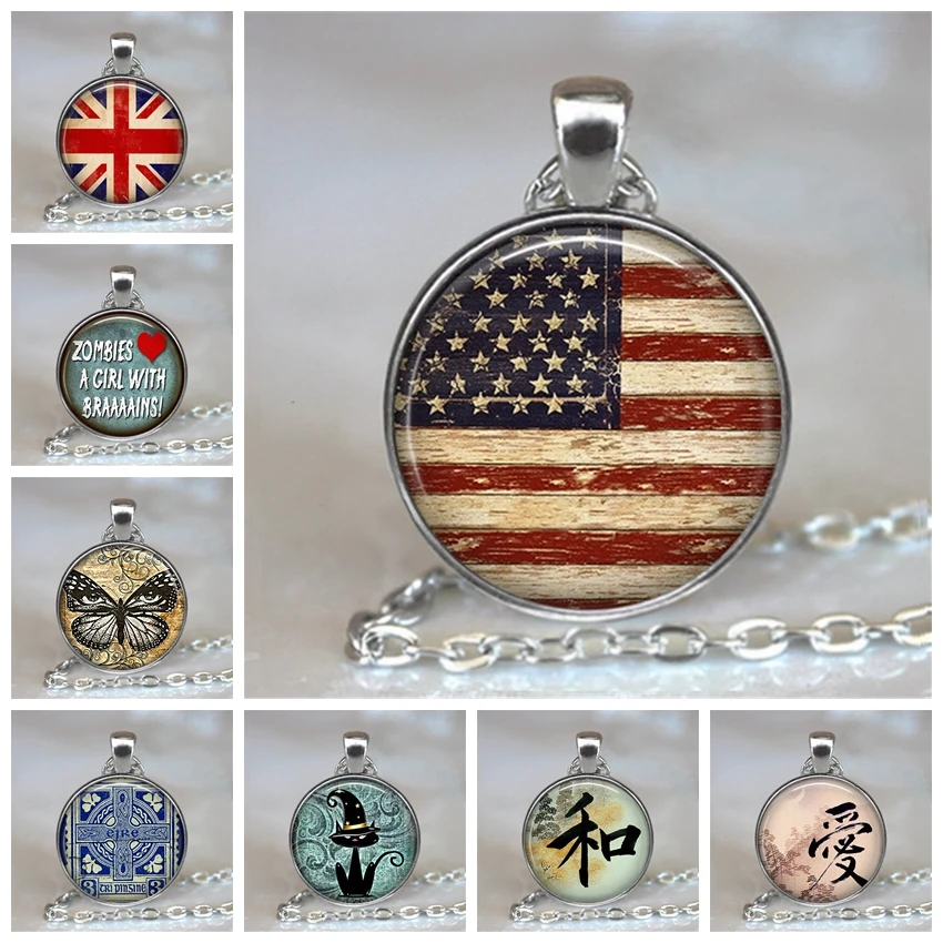 

USA UK Flag Fashion Woman Man Jewelry The America British Flag Great Britain Glass Cabochon Pendant Handmade Necklace Gift