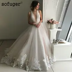 2019 Длинные Сексуальная V шеи Vestido De Noiva Свадебные платья с аппликацией Line свадебное платье невесты Свадебные платья