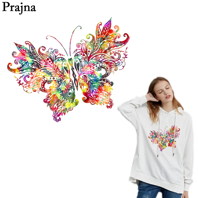 

Prajna Butterfly Hot Vinyl Transfers Colorful Iron On Patches Heat Press Paper Stickers On Fashion Woman Dress DIY T-shirt Decal