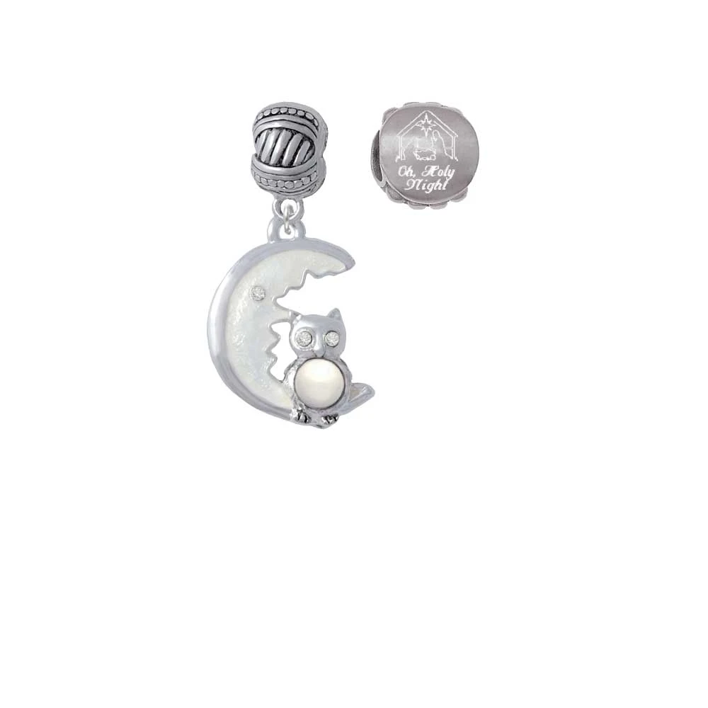 Silvertone Large Imitation Pearl Owl Sitting on White Moon Come Let us Adore Him Charm Beads (Set of 2)