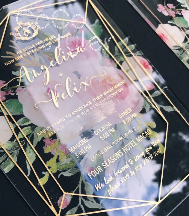  Cocostyles personalized foiling lucid acrylic invitation card with colorful silk screen printed flo - 32872143498