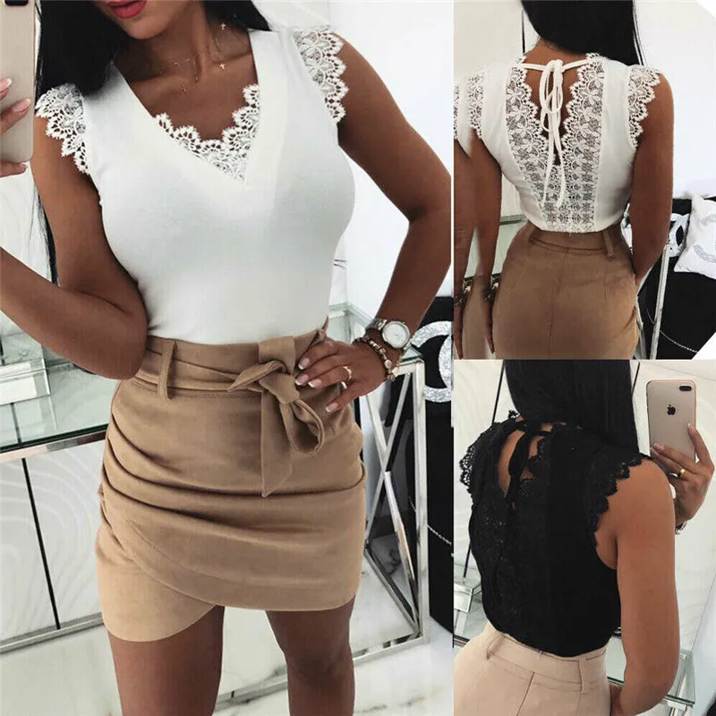 

2019 New Summer Sexy V Neck Women's Blouse Ruffles Sleeveless Lace Solid Blouses Slim Top Sweet Blusa Feminina White Black