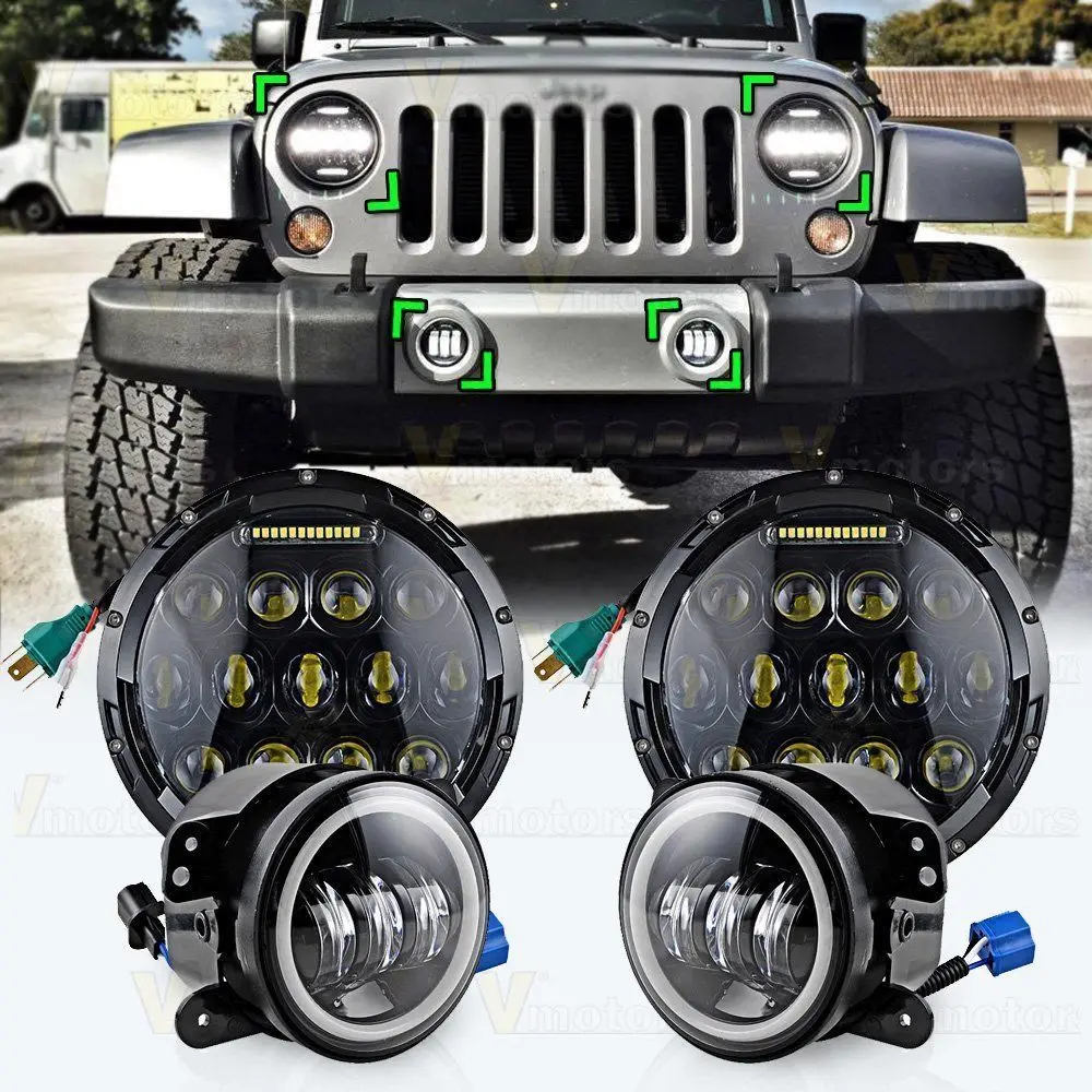  7 Inch LED 75W Headlights & LED Fog Lights White Yellow Red Blue Green Pink DRL Combo Kit For Jeep  - 32830867020