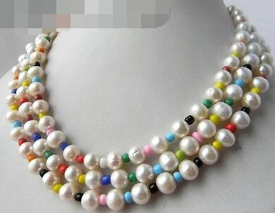 

0889 3Strands White Round Freshwater Pearl Multicolor Glass Necklace
