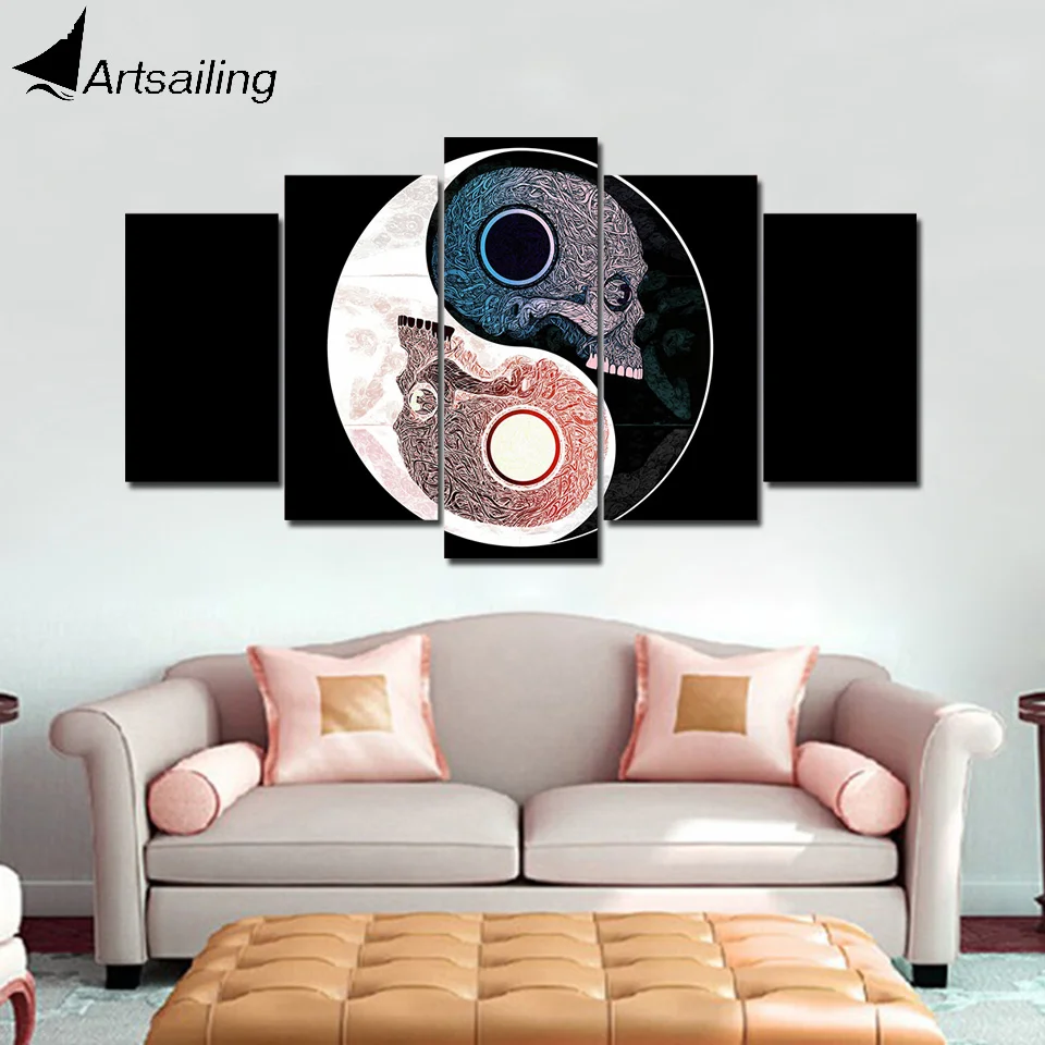 

ArtSailing 5 Piece Canvas wall art canvas framed yin yang simvol cherepa uzor Wall pictures for living room with frame ny-4127