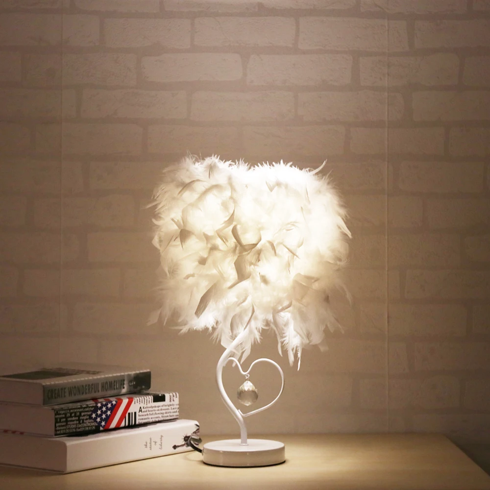 Feather Bedside Desk Vintage Night Light Shade Metal Table Lamp