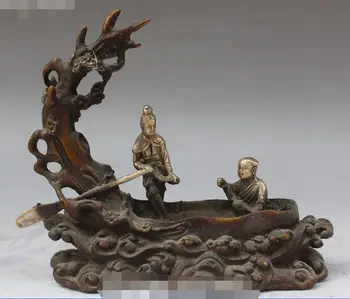 

Old China Bronze Silver Plum Blossom Two People Man Woman Rowing Boating Statue
