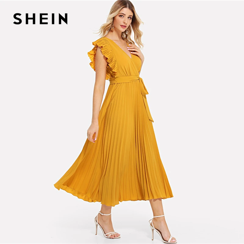 SHEIN Yellow Ruffle Trim Pleated Wrap Dress Casual Elegant V Neck Short Sleeve Shift Dresses Women Flounce Sleeve Summer Dress SHEIN Yellow Ruffle Trim Pleated Wrap Dress Casual Elegant V Neck Short Sleeve Shift Dresses Women Flounce Sleeve Summer Dress
