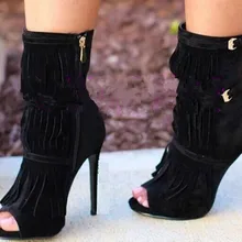 Черный/телесный с открытым носком на шпильках ботильоны на платформе пряжки ремень Ботильоны с кисточками супер Обувь на высоком каблуке с бахромой короткие сапоги женские