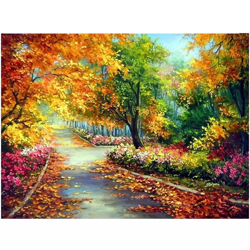

5D Diamond Embroidery fall leaves sweep Tree Forest Round Full Diamond Mosaic Picture Pasted Needlework Deco